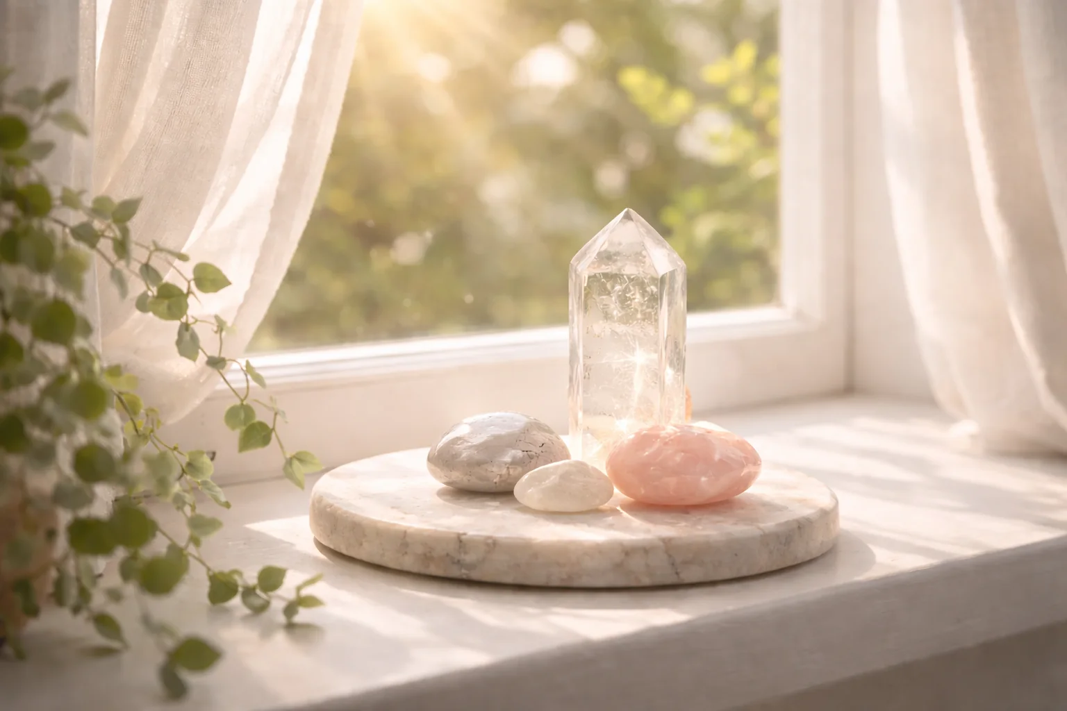 Pierres disposées sur un rebord de fenêtre en lumière douce